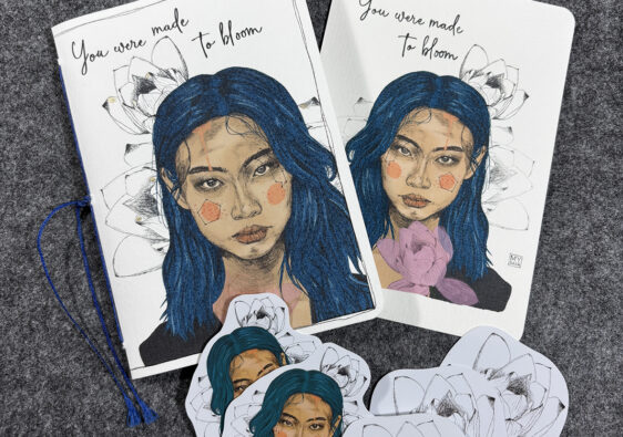 Notizbuch, Postkarte und Sticker "Bloom"(handgemacht)