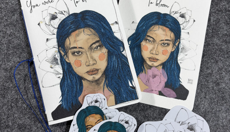 Notizbuch, Postkarte und Sticker "Bloom"(handgemacht)