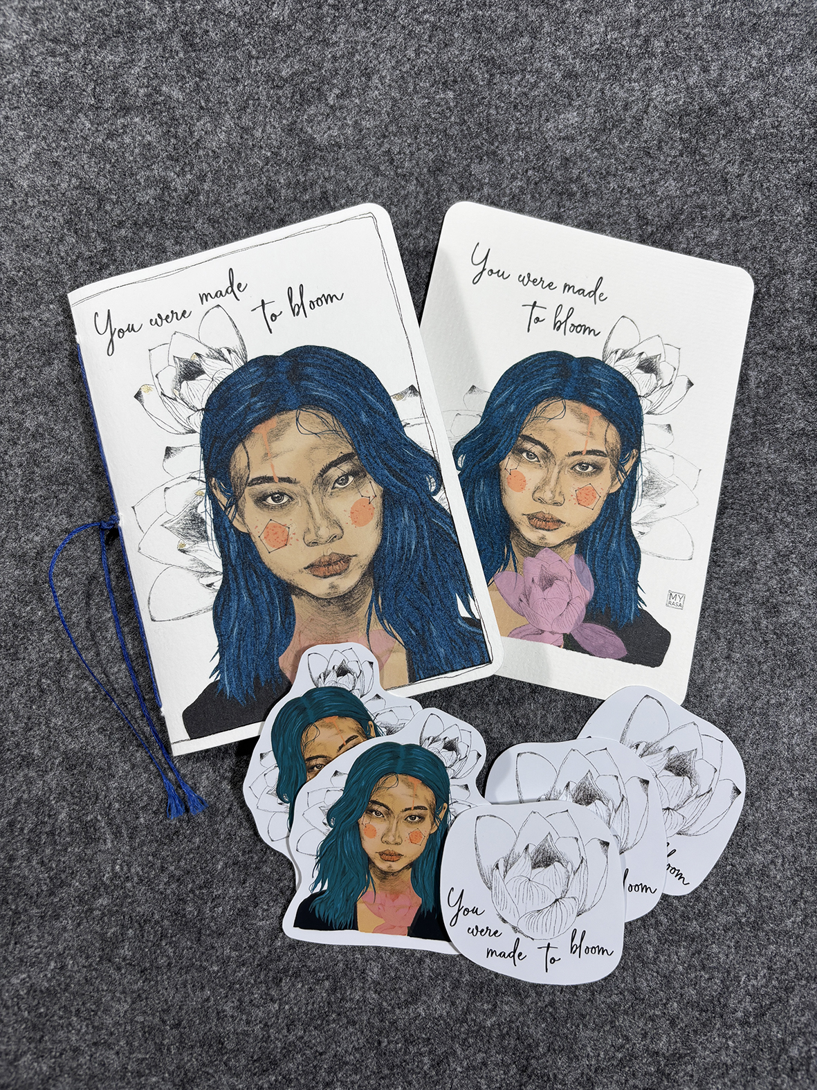 Notizbuch, Postkarte und Sticker "Bloom"(handgemacht)