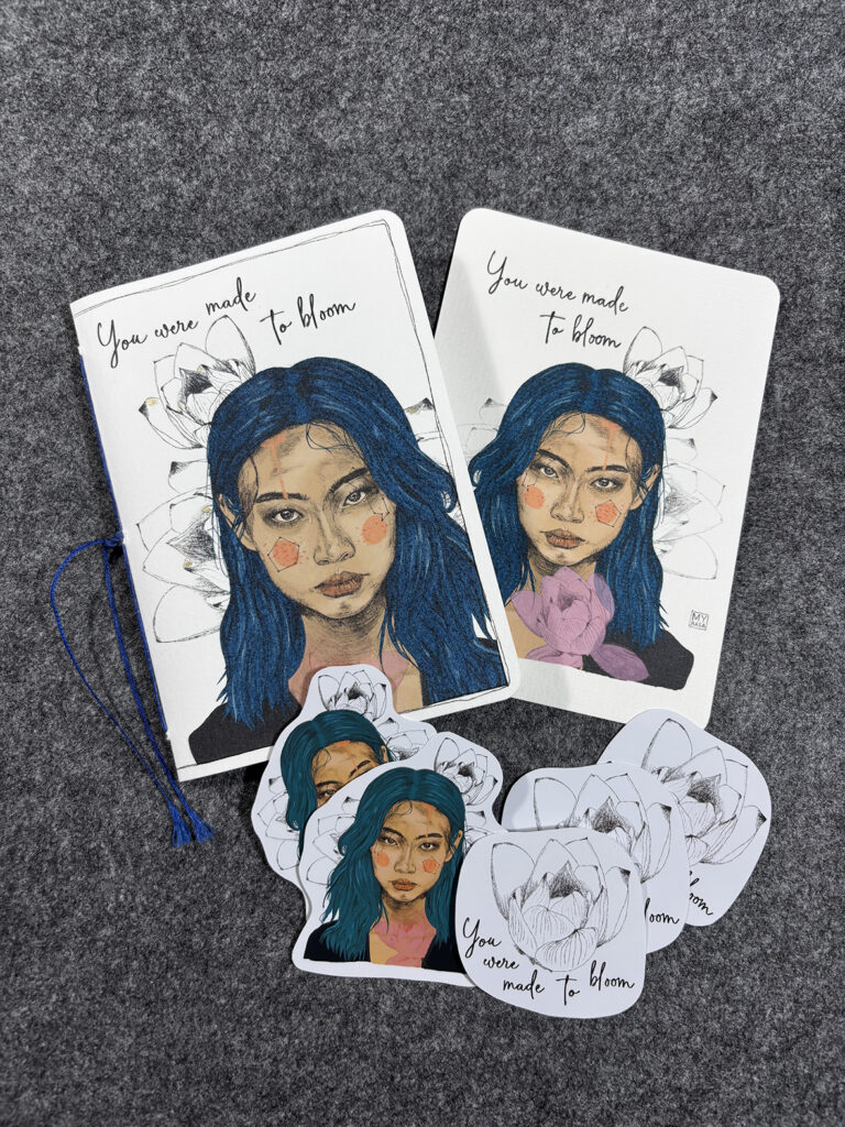 Notizbuch, Postkarte und Sticker "Bloom"(handgemacht)